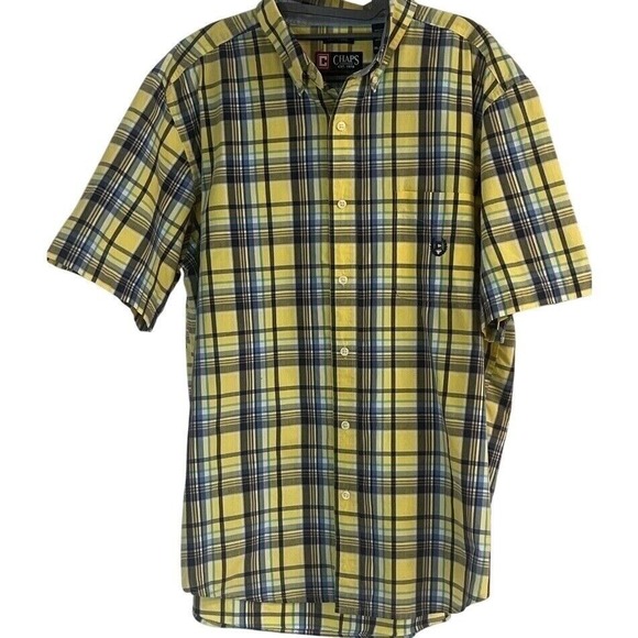 Chaps Easy Care Men's Yellow & Blue‎ Check Short Sleeve Button Down Shirt XL - Picture 1 of 5